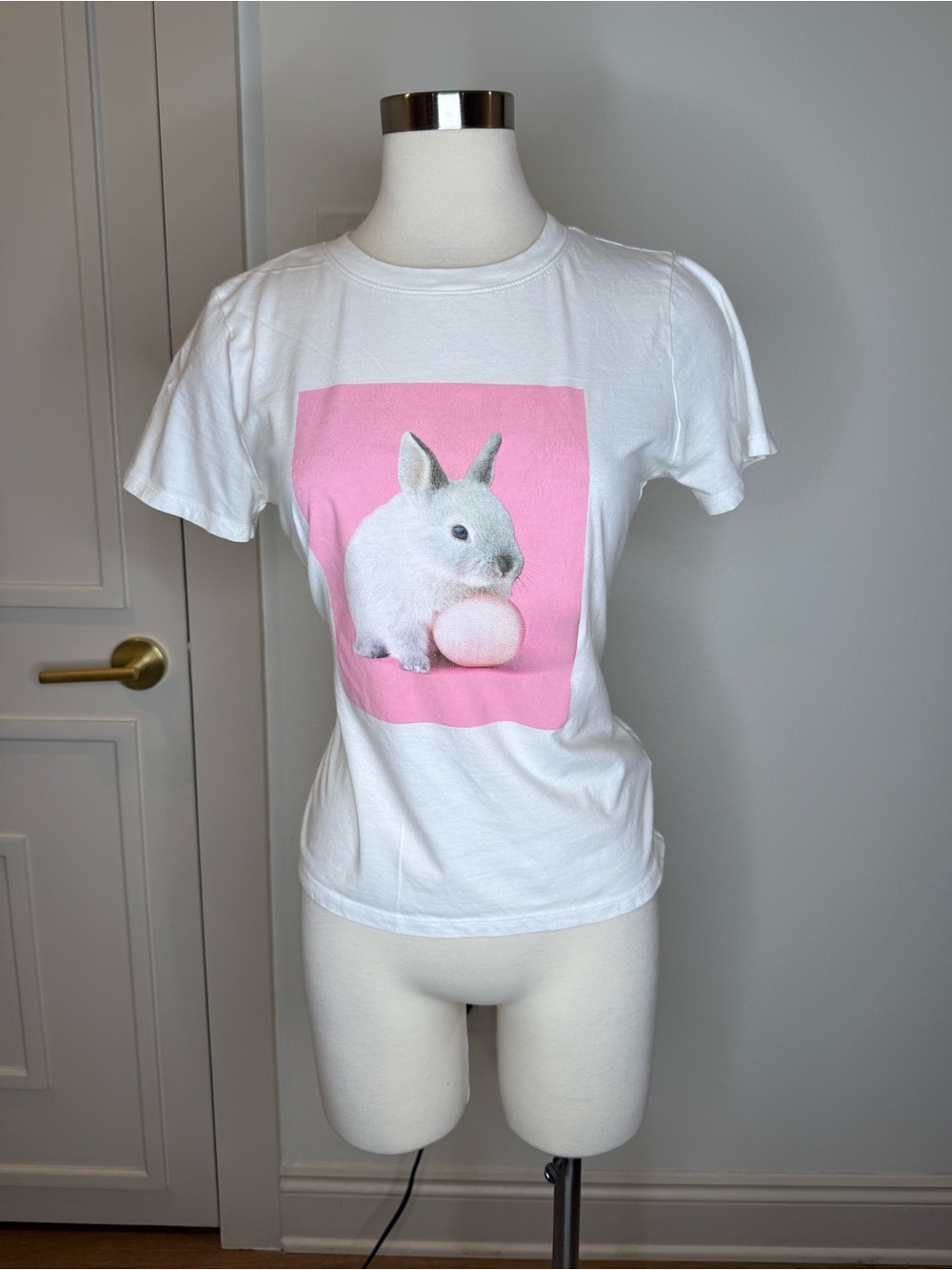 White Small Pets T-Shirt with Pink Bunny Graphic